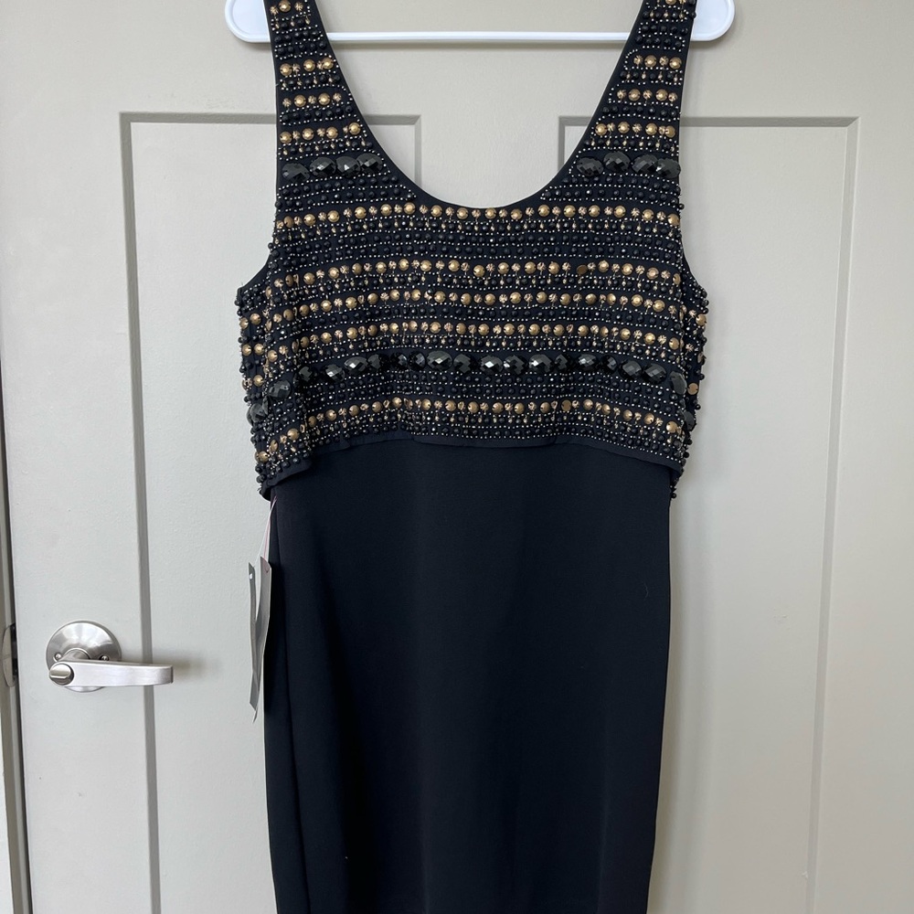 BRAND NEW Bebe Black and Gold Embellished Dress